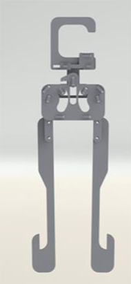 The image on the left is a geometrical front view of the new assistive hanger rendered in SolidWorks when it is folded and the 2 legs are located closely parallel